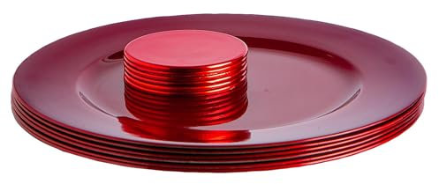 Argon Tableware Metallic Charger Plates & Coasters Set - Red - 12pc - 33cm - Metallic Finish Reusable Dining Table Setting Plates Drink Placemats for Christmas, Celebrations, Restaurant Decor