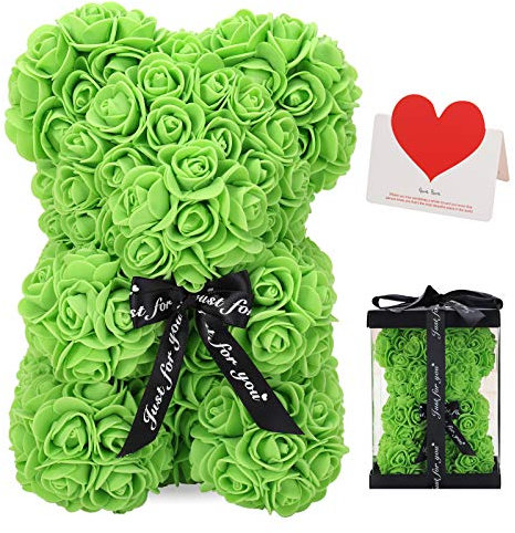 Rosenbär, Rose Teddybär, 25.4 cm, Dutzend Blumen, künstliche Pflanzen, Dekoration, Geschenk für Valentinstag, Muttertag, Weihnachten, Party, Dekorationen mit transparenter Geschenkbox (15 grün)