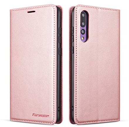 QLTYPRI Hülle für Huawei P20 Pro, Premium Dünne Ledertasche Handyhülle mit Kartenfach Ständer Flip Schutzhülle Kompatibel mit Huawei P20 Pro - Rosegold