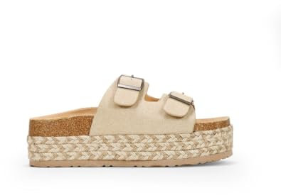 BOSANOVA Sandalias Bio Estilo Pala con una Tira Ancha al Empeine con Detalle de Dos Hebillas Regulables y Suela de Esparto Bicolor. Sin Cierre Calzado para Mujer Beige 36