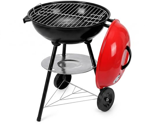 FINE GARDEN BBQ Grill, 17 Kettle Charcoal BBQ Grill with Wheels & Lid, Portable Trolley Barbecue with Adjustable Vent, Ash Catcher & Storage Rack, Outdoor Garden BBQ (Red/Black)