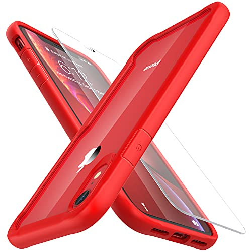 ORETECH Cover Compatibile con iPhone XR 6,1, Custodia per iPhone Xr, con[2 x Pellicola Protettiva in Vetro Temperato] Shock-Absorption Antiurto Ultra Sottile Hard PC Silicone Cover iPhone XR- Rosso