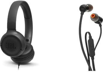 JBL T500 in Black – Over Ear Lightweight, Foldable Headphones with Pure Bass Sound – 1-Button Remote/Built-In Microphone & T110 Wired In-Ear Headphones Pure Bass Sound, in Black