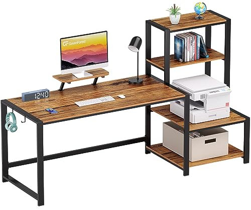 GreenForest Computer Desk 67 inch with Printer Shelf, Reversible Office Desk with Monitor Stand and 2 Hooks, Home Desk Workstation for Study Writing Working Gaming, Brown