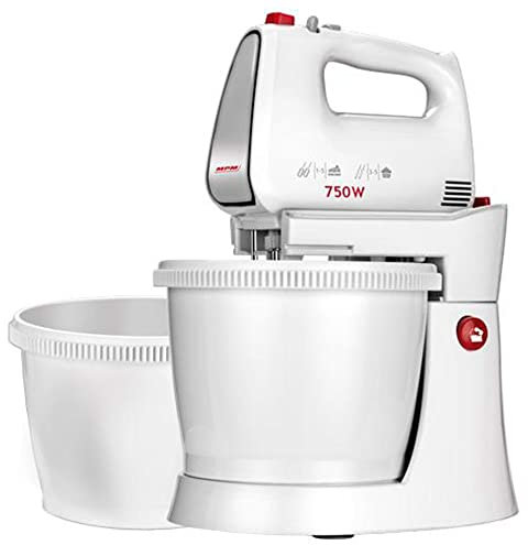 MPM MMR-22Z Batidora Amasadora Repostería con 2 Boles Giratorios de 3 Litros, sin BPA, 5 Velocidades + Turbo, Varillas y Gancho Amasar Acero Inox, Blanco, 750W