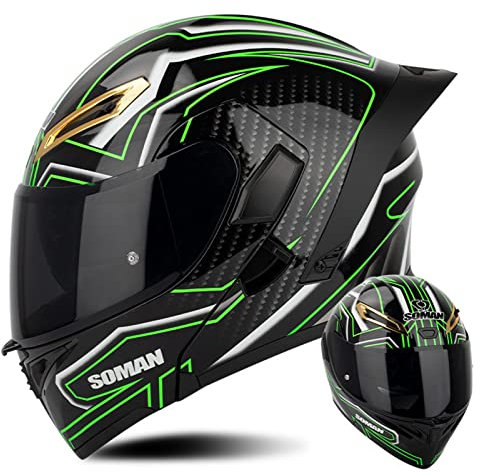 Motorradhelme für Erwachsene modularer Helm, Straßenmotorrad, DOT-zertifizierter Integralhelm für Roller, Moped, Motorradhelm mit klarem/REVO/dunklem Visier – glänzend schwarz grün B,XXL