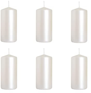 Nipter Stumpenkerzen Weiß Metallic Säulenkerzen Blockkerzen, Durchmesser 5 cm, Höhe 10 cm, geruchsneutral, lange Brenndauer 20h, Set 6 Stück (1 Box)