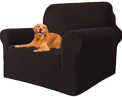 YSTELLAA High Stretch Sofa Überzug 1 Sitzer, Sesselhusse rutschfest, Universal Sofahusse Elastische, Couchüberzug Sofaschutz Katze Durable, Waschbare Sofa Covers Mit Armlehnen, Kaffee