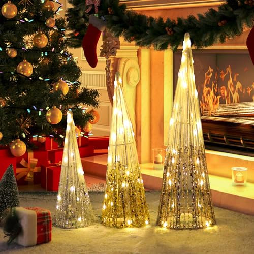 Set of 3 Pre-lit Christmas Trees Decorations, Light Up Xmas Cone Tree with 80 Led Lights,Battery Powered Glittered Metal Artificial Tree Ornaments, Festival Holiday Party Tabletop Décor