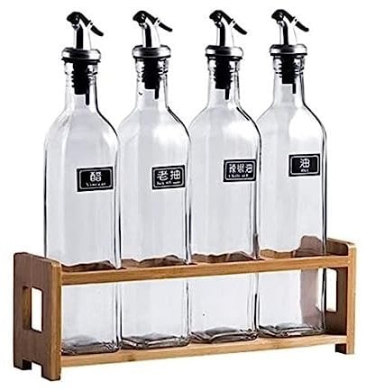 DHAEY Aceitera Botella dispensadora de Aceite de Oliva, vinagrera de Aceite y vinagre, Juego dispensador de Botellas de vinagre y Aceite de 500 ml con Soporte de Madera Cocina