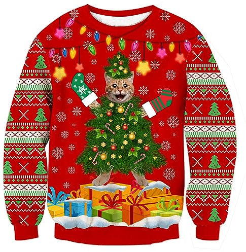Fanient Pull de Noël pour Hommes Drôle Arbre de Noël Chat Imprimer Pull de Noël Hommes Femmes Pulls à Col Rond M