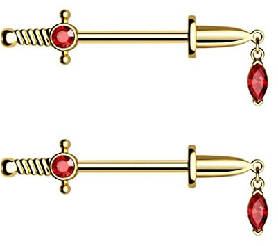 CM Crareesi Mania Dolch Nippelpiercing Gold Brustwarzenpiercing 14g Nippel Piercings 316L Chirurgenstahl Gotisch Baumelnd rot Zirkonia Brustpiercing Schmuck Frau Männer