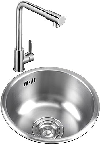 Spülbecken, runde Edelstahl-Bar, kleine Einbauküche mit Wasserhahn und Zubehör (Farbe: Silber, Größe: 28,6 x 28,6 x 14 cm)