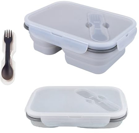 alouweekuky Faltbare Brotzeitbox, Auslaufsichere Lunchbox mit Fächern aus Silikon Bento Lunchbox Brotdose Lebensmittel mit zwei Fächern und Löffel und Gabel für Erwachsene/Kinder
