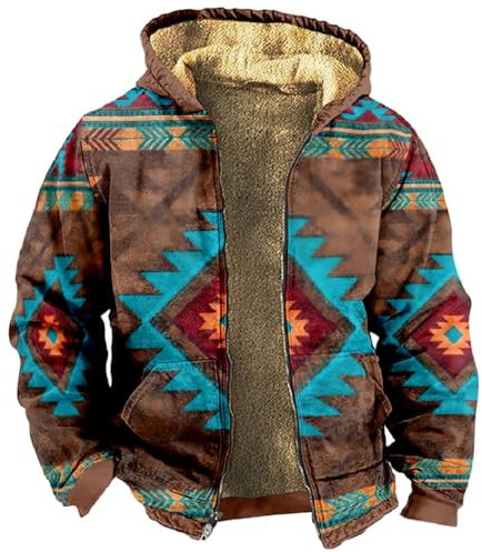 HOUKIG Uomo Giacca Western, Stampa Etnica Vintage Foderato In Sherpa Cappotti In Pile con Cappuccio e Zip Intera, Felpe Invernali Maniche Lunghe Outwear con Tasca (Color : Sweater I, Size : XL)