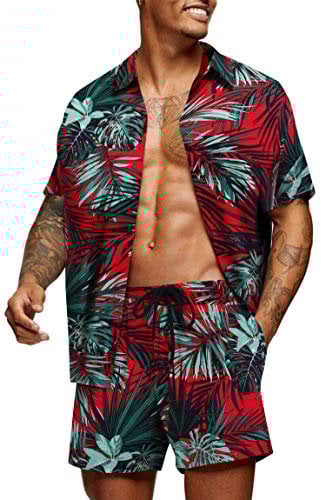 COOFANDY Mens Matching Shorts and Shirt Set Summer Tropical Plants Mens Holiday Set Casual Beach Wear for Men Plants - Black&Red L