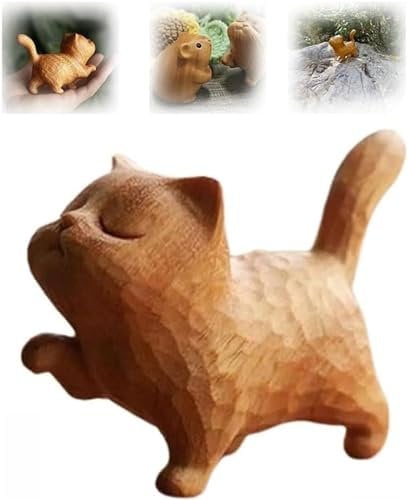 Yanobia Tiny Cute Wooden Cat, Handmade Arrogant Kitten Ornament, Cat Figurines for Home Decor & Gifts