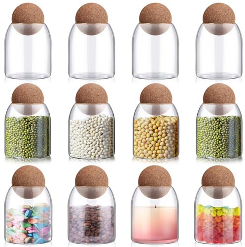 Suclain 12 Pcs Glass Storage Container with Ball Cork Glass Jar with Cork Lid Cork Glass Jar Glass Storage Containers Cork Jars Coffee Jars Cute Containers for Food Coffee Bean Candy Nut Storage