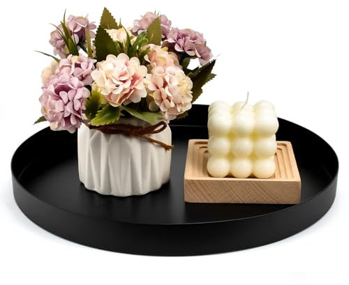 SLTAXAR Bandeja Negra Redonda 30 cm, Bandeja Decorativa Negro Mate, Bandeja Metálica Negra Redonda, Plato Decorativo Negro para Centro de Mesa, Bandeja Baño Decorativa Negra para Joyería Maquillaje