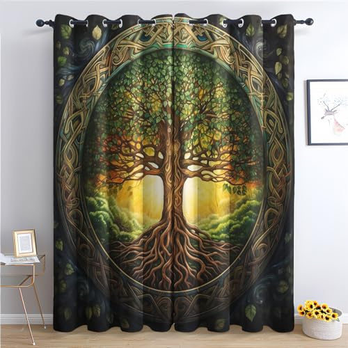 SZLYZM Baum des Lebens Vorhänge, Verdunklungsvorhänge mit Muster Wikinger, Vorhang Blickdicht mit Ösen, Gardinen für Wohnzimmer Schlafzimmer Kinderzimmer Deko 2er Set - 200x140 (H X B) (Q1-&221)