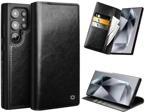 qichenlu Robustes Rindsleder Retro Schwarz Echt Leder Klapp Hülle für Galaxy S24 Ultra,Zert. Echtes Leder Handytasche mit Kartenfach Ständer,Book Flip Cover Wallet Case für Samsung Galaxy S24 Ultra