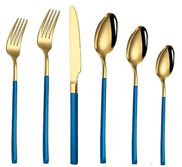 Juego de cubiertos dorados de 36 piezas, cubiertos de acero inoxidable para 6 juegos de utensilios con cuchillos, cucharas, tenedores, apto para lavavajillas, pulido con espejo, para el hogar moderno