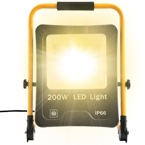 SUBTLETY 200W LED Baustrahler Baustellen Arbeitsstrahler mit 3m Netzkabel & U-Form Stativ Strahler für Arbeitsbeleuchtung IP66 Wasserdicht Fluter Arbeitsleuchte für Innen- & Außenbereich (Warmweiß)