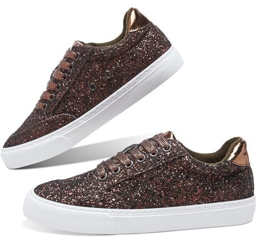 Jeekopeg Glitzernde modische Sneaker-Schuhe, glänzende Freizeitschuhe, glitzernde Pailletten, Konzert, niedrig geschnitten, Schnürschuhe, Brauner Glitzer, 12 Women/10 Men