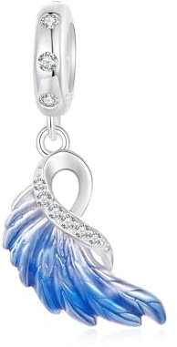 Gradient Blue Angel Wings Charm 925 Sterling Silber Feder Anhänger Bead passt Pandora Charms Armband Halskette (Linker Flügel Charms)