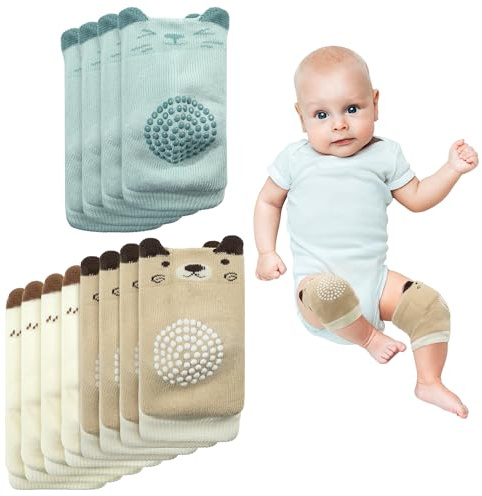 Navaris Rodilleras Gateo - 6x Pares de Rodilleras Bebe Gateo - Pack Rodilleras Antideslizantes Bebe - 6x Par de Rodillera Bebe con Diseños de Animales - Verde Marrón y Blanco
