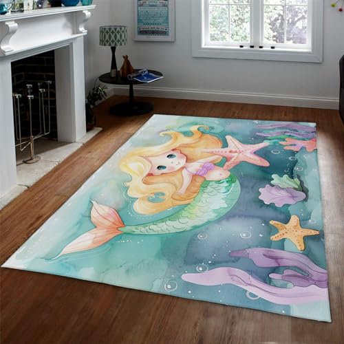 UERWOWELL Kinderthema Kreativer Flauschiger Teppich für Schlafzimmer Kinderteppich Mädchen Mehrfarbig waschbarer Teppich Schöne Meerjungfrauen Algenmuster Teppich 160x200cm