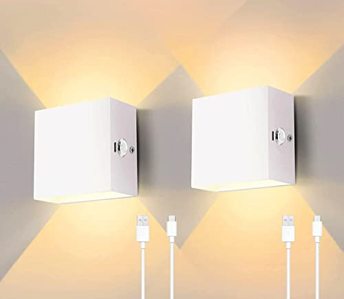 Wandleuchte Innen 2 Stück, Wandlampe Ohne Stromanschluss und Bohren, Dimmbar Wandleuchten mit Akku, Touch Control für Schlafzimmer Treppen Badezimmer Wohnzimmer (Weiß, Warmweiß)