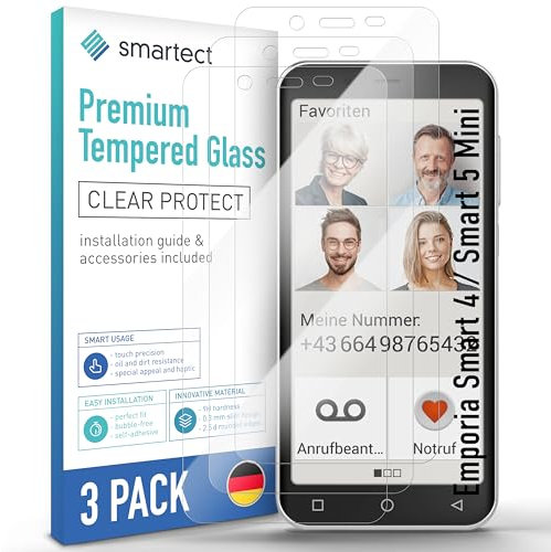 smartect Schutzglas [3 Stück, Klar] kompatibel mit Emporia Smart 4 / Smart 5 Mini, HD Schutzfolie Anti-Kratzer, Blasenfrei, 9H Härte, 0.3 mm Ultra-klar, Ultrabeständig