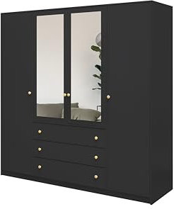Albello Kleiderschrank Selly Kleiderschrank mit Spiegel Schlafzimmerschrank Großer Geräumiger Kleiderschrank Standschrank aus Holz für das Schlafzimmer 196 cm 200 cm 57,5 cm Schwarz