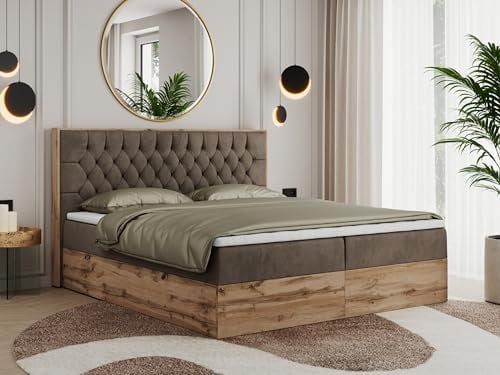 MKS MEBLE Boxspringbett 140x200 Mit Bettkasten Eiche, Polsterbett Mit Matratze H4, Bett Mit Kopfteil und Holzrahmen in Wotan Eiche - Braun Velvet - Amore