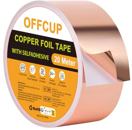 OFFCUP Kupferband Gegen Schnecken, 50mm × 20m Kupferfolienband Selbstklebend Abschirmband, Kupferfolie Klebeband Schneckenabwehr Kupfer Schneckenband Schneckenschutz, Copper Foil Tape für Gärten, DIY