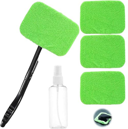 Nettoyeur de Pare Brise, Nettoyeur de Vitres de Voiture avec 4 Pads Microfibre, Nettoyeur Microfibre Pivotant, Kit Essuie Vitre de Voiture, Brosse de Lavage de Voiture, Set de Manche Télescopique