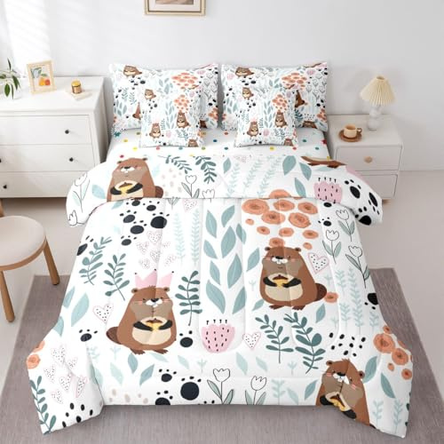 Erosebridal Beaver Kids Comforter Set Twin 7 Piece Cartoon Animal Print Bed in a Bag Kawaii Room Decor,Green Leaves Pink Flowers Bedding Set with Fitted Sheet,Flat Sheet,Pillow Cases & Covers