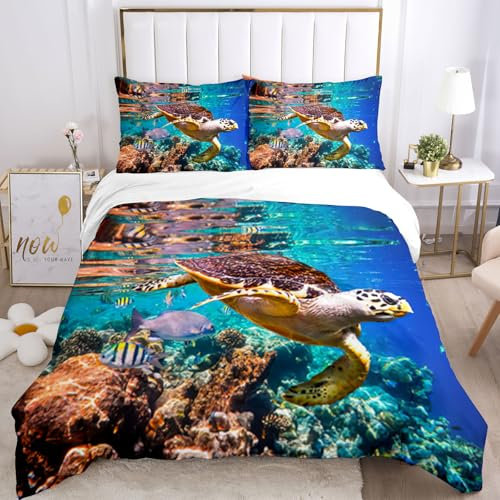 Bettwäsche Schildkröte 135x200,3D unterwasserwelt Bettwäsche Set,Delfin,Tropischer Fisch,Korallen,Meeresleben Bettbezug,Blaue Unterwasserwelt Bettbezug für Kinder (Unterwasserwelt-A, 135x200cm)