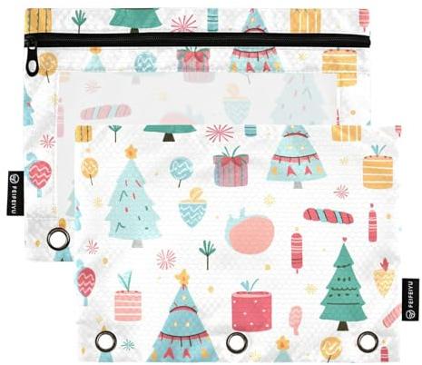 Federmäppchen mit transparentem Fenster, Motiv: Merry Christmas Tree and Presents, Stoff-Federmäppchen, transparentes Fenster und Ösen, 3 Ringe, Reißverschluss, Ordner, Schule, Klasse, Büro, Organizer