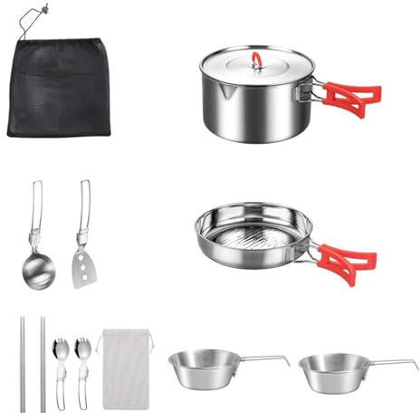 Set da cucina da campeggio, pentole da esterno in acciaio inossidabile, attrezzatura da campeggio completa con borsa portaoggetti, ideale per camper, escursioni, escursioni e avventure di cucina