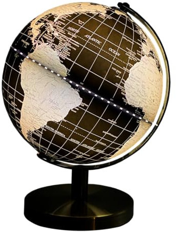 Gleneagles Travel Globe - Black & Gold 25cm LED Cool White Switch Activated Globe Light. Planet Map Of The World Desk Decor. Home Office Gadgets