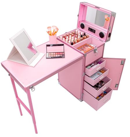 Kadxyan Portable Rolling Manicure Table, Foldable Traveling Nail Desk with Storage, Makeup Train Case with Worktable and Mirror, Bluetooth Player, Cosmetic Trolley Case, for Beauty Salon