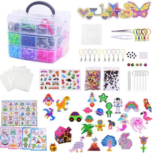 Bügelperlen Set - 12000 Stück 24 Farben 5mm Bügelperlen Glitzer mit Aufbewahrungsbox, Bügelperlen Platten, 100+Muster, DIY Gestalten von Schmuck Deko, 3D Kinder Geschenk Bastelideen für Mädchen Jungen