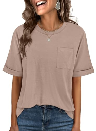 ANRABESS Women Oversized T Shirts Short Sleeve Summer Casual Loose Top Basic Tee with Pocket Khaki X-Large