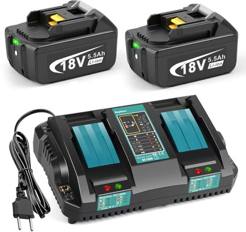 LabTEC Charger 18 V with Battery for Makita BL1860 2P BL1830B BL1840B BL1850B BL1860B BL1815 BL1820 BL1825 18 V 5500 mAh Power Tools + Battery Charger for Makita DC18RC DC18RD DC18SF DC18RT 14. 4-18V