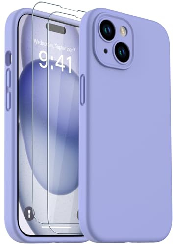 CASELIVE for iPhone 15 Case, Liquid Silicone Case with [Tempered Glass Screen Protector] Full Body Shockproof Soft Anti-Scratch Microfiber Lining Phone Case for iPhone 15 6.1 inch(Purple)