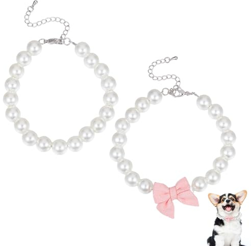 BENECREAT 2 Stück 2 Stile Perlenhalsband für Hunde und Katzen, 205~210 mm Perlenschleife für Haustiere, Haustierhalsbänder mit rosa Schleifenanhänger für Partykostüm zur Haustierpflege