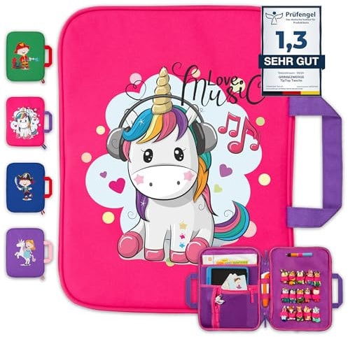 GRINSEZWERGE Tasche für Edurino & Tonie Figuren, TipToi Stift und Kinder Tablet | Sammel-Mäppchen mit Platz für 15 Figuren | auch für Tip TOI Zubehör und Bücher sowie Toniebox Tonies Einhorn