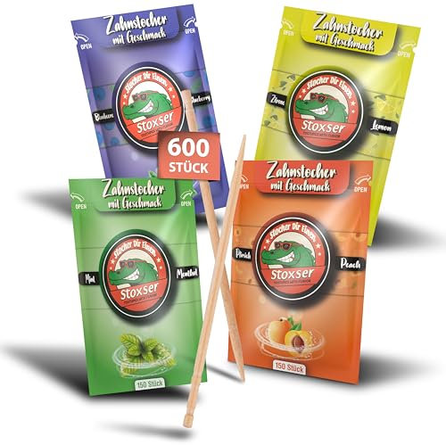Stoxser 600 palillos de dientes con sabor, paquete de 4 palillos de melocotón y arándanos y limón/limón y menta/mentol, revolución del sabor, sin goma de mascar, sin azúcar